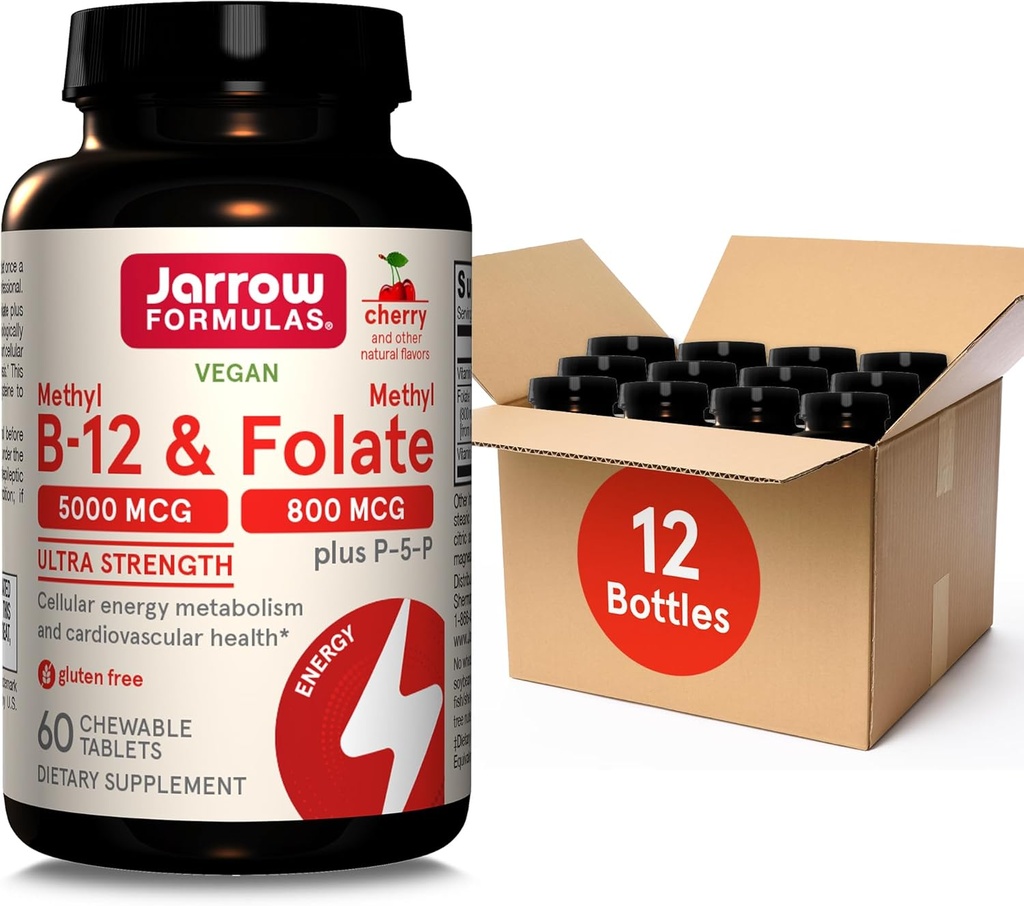 Jarow Formulas Ultra Strength Methyl B-12 5000 mcg & methyl folate 800 mcg + P-5-P, Συμπλήρωμα για Κυτταρική Ενέργεια Μεταβολισμός και Καρδιαγγειακή Υποστήριξη, 60 Μασώμενα δισκία, 60 Ημέρα προσφοράς, 12 συσκευασίες
