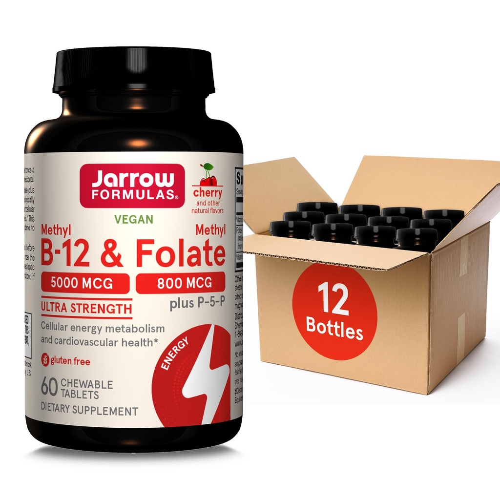 Jarow Formulas Ultra Strength Methyl B-12 5000 mcg & methyl folate 800 mcg + P-5-P, Συμπλήρωμα για Κυτταρική Ενέργεια Μεταβολισμός και Καρδιαγγειακή Υποστήριξη, 60 Μασώμενα δισκία, 60 Ημέρα προσφοράς, 12 συσκευασίες