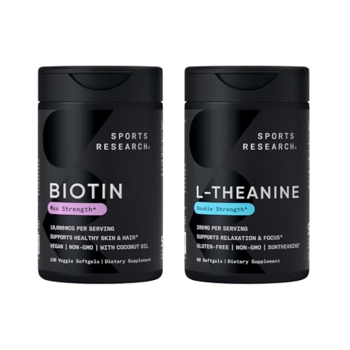 Sports Research Vegan Biotin 10.000mcg με λάδι καρύδας Max Strength Vitamin B7 120 Softgels (4 Μήνας προσφοράς) και διπλή δύναμη L-Θεανίνη συμπλήρωμα για εστίαση, χαλάρωση & εγρήγορση 200mg 60 Count