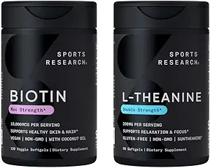 Sports Research Vegan Biotin 10,000mcg with Coconut Oil Max Strength Vitamin B7 120 Softgels (4 Month Supply) and Double Strength L-Theanine Supplement for Focus, Relaxation & Alertness 200mg 60 Count