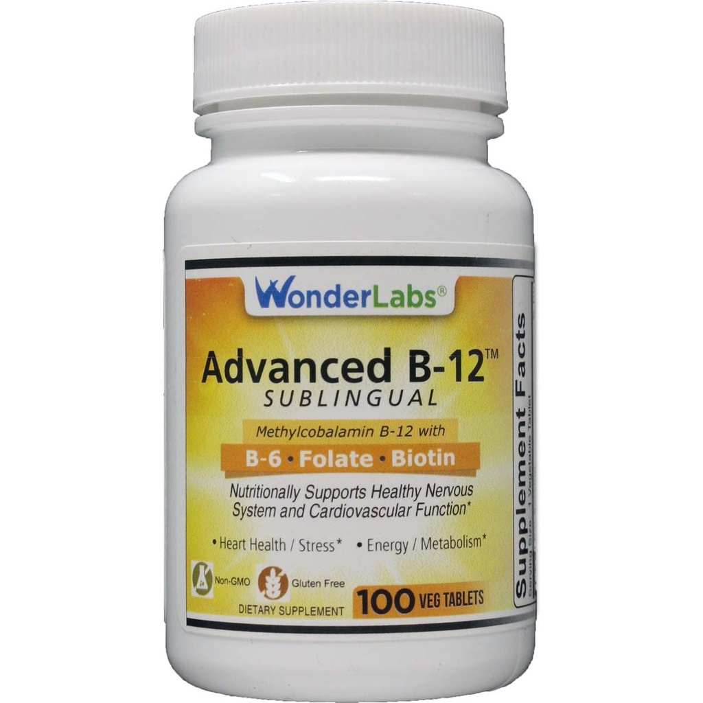 Εργαστήρια Wonder Υπογλώσσια Βιταμίνη Β12 (1000 mcg), Β6 (5mg), Φολικό Οξύ (400 mcg) & Βιοτίνη (25mcg) - Σχεδιασμένο με μεθυλοκοβαλαμίνη Βιταμίνη Β-12 (100 δισκία)