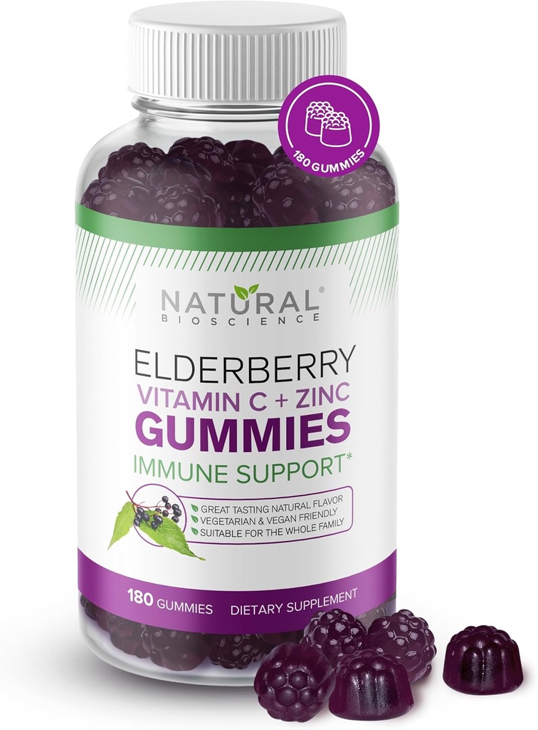 Natural BioScience Sambucus Elderberry Gummies with Vitamin C & Zinc, Immune Support for Adults & Kids, Daily Antioxidant & Wellness Boost, 180 Vegan, Gluten-Free, Chewable Elderberry Gummies