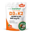 VEV Corefeel Βιταμίνη D3 K2, 10.000 IU D3, 200mcg K2 (με MK7), Υποστηρίζει την υγεία των οστών και των δοντιών, διπλή υποστήριξη θρεπτικών συστατικών για την καθημερινή ευεξία, εύκολο στην κατάποση – 300 κάψουλες