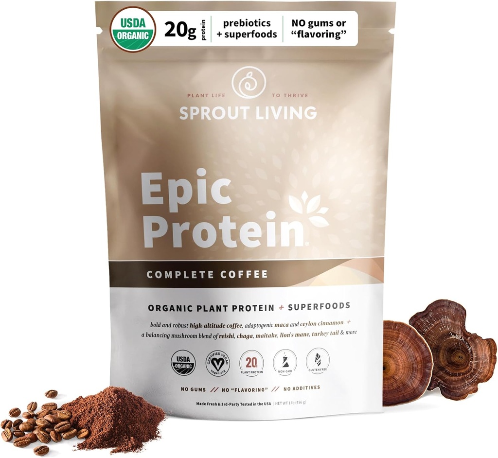 Sproout Living, Epic Protein, Φυτικές Πρωτεΐνη & Superfoods Σκόνη, Πλήρης Καφές 