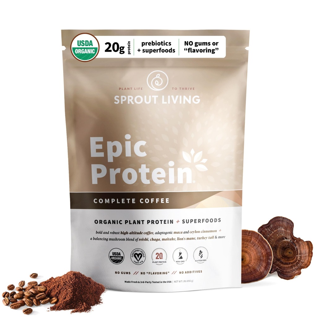 Sproout Living, Epic Protein, Φυτικές Πρωτεΐνη & Superfoods Σκόνη, Πλήρης Καφές 