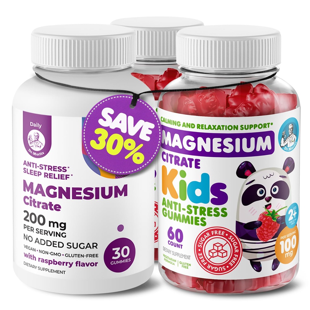 DR. MORITZ Magnesium Bundle - Gummies for Adults (200mg, 30 Count) and Kids Magnesium Gummies (60 Count, 2 Pack) - Χωρίς ζάχαρη