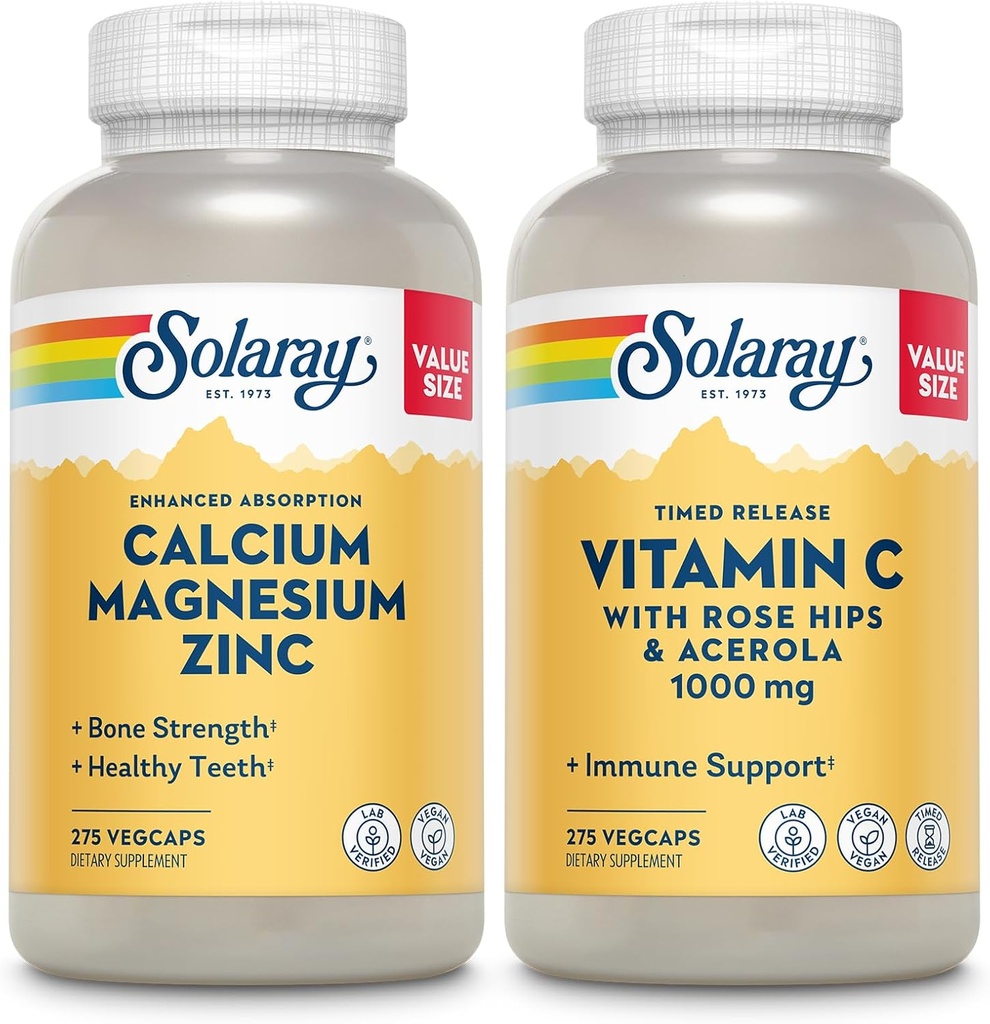 SOLARAY Calcium Magnesium Zinc and Timed Release Vitamin C - Bone Health, Immune Support Bundle, 1000mg Calcium, 500mg Magnesium, 1000mg Vitamin C Supplement, Vegan, 60-Day Guarantee, 275 VegCaps Each