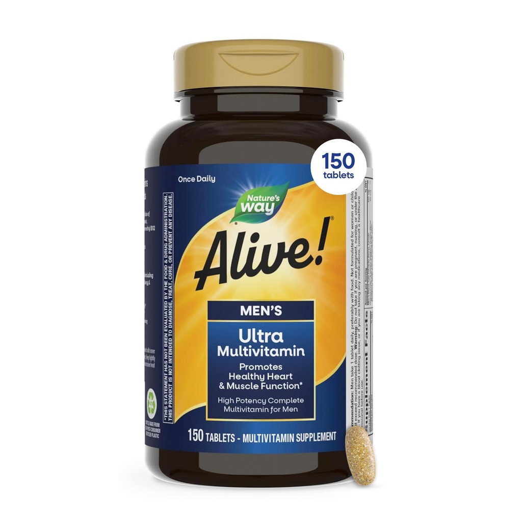Nature's Way Alive! Men’s Once Daily Ultra Potency Multivitamin Tablets, Complete High Potency Men’s Daily Vitamin Promotes Heart & Muscle Function*, B-Vitamins, Zinc and Antioxidants, 150 Tablets