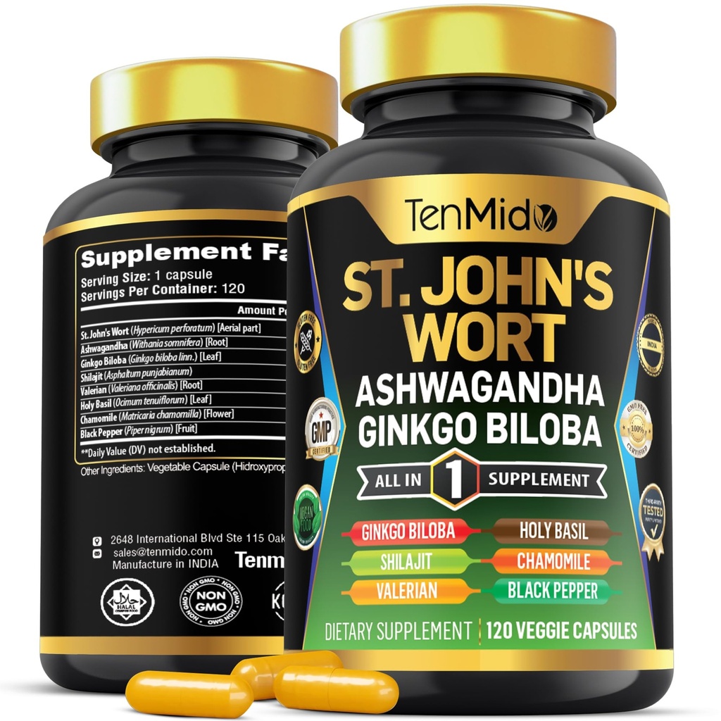 St.John's Wort Supplement - 8in1 Formula - Συνδυάστε με Ashwagandha, Ginkgo Biloba, Shilajit, Valerian, Holy Basil, Χαμομήλι, και Black Pepper - 120 Vegan Κάψουλες για 4 μήνες Προμήθεια