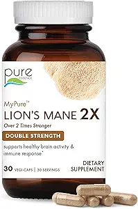 PURE ESSENCE LABS MyPure Lion's Mane 2X - Double Strength Brain Support Supplement with 100% Organic Fruiting Body Lion's Mane for Cognitive Health, Focus, Memory & Mental Clarity, 60 Capsules