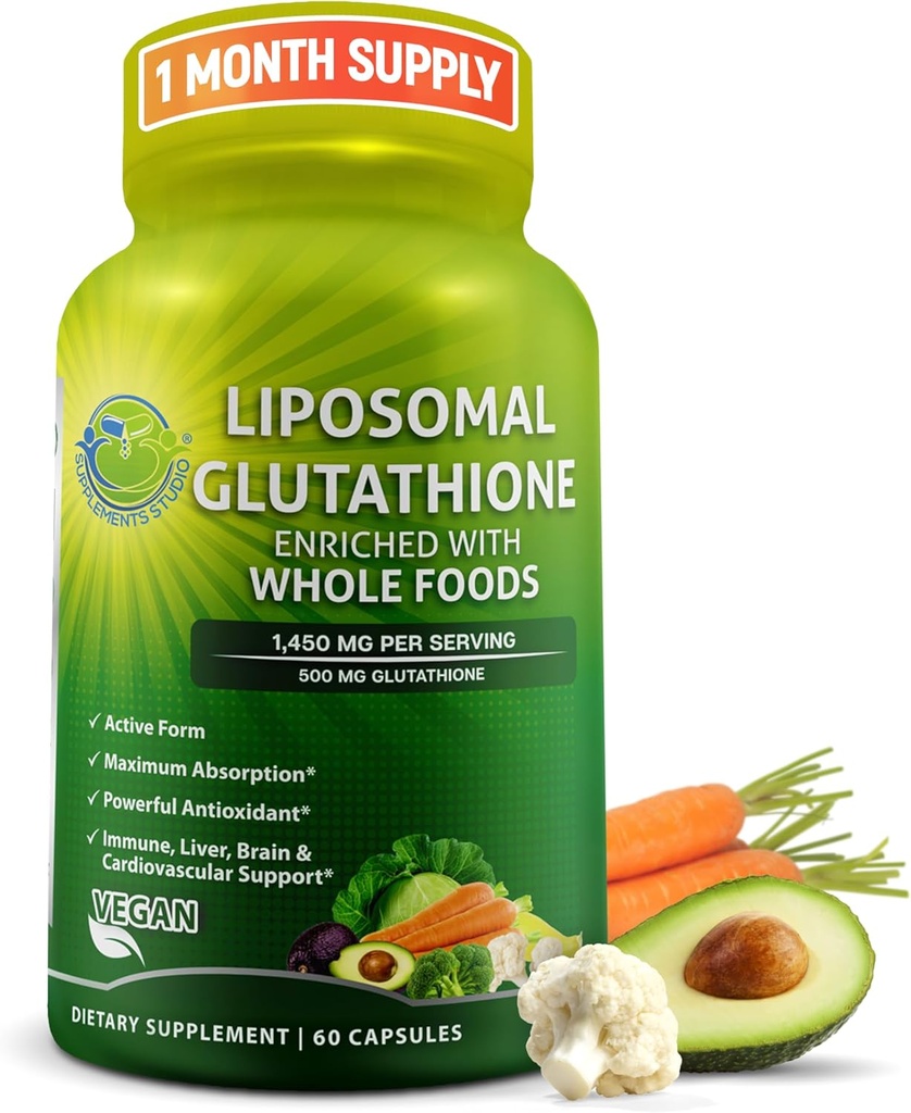 Liposomal Glutathione 500mg - Active Form L Glutathione (Reduced) for Maximum Absorption - Made with Organic Whole Foods - Master Antioxidant & Detoxifier - Immune & Cardiovascular Support - 60 Count