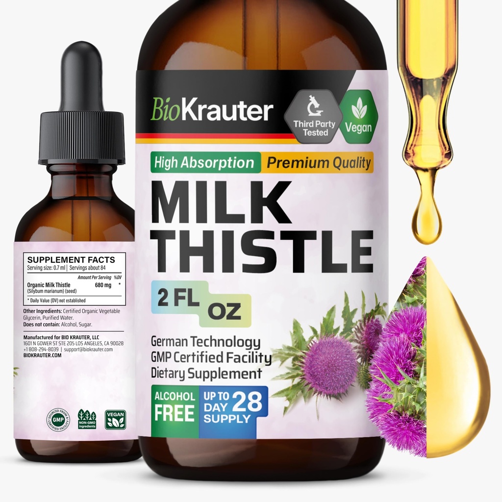 BIO KRAUTER® Milk Thistle Supplement for Liver Cleanse & Detox - Liquid Milk Thistle Extract Сontains Silymarin for Digestive Support 2 Fl.Oz - Alcohol & Sugar Free, 28 Days of Supply