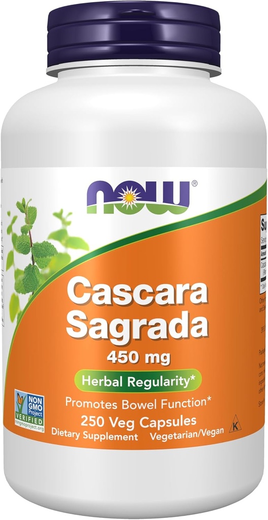 NOW Συμπληρώματα Τροφίμων, Cascara Sagrada (Rhamnus purshiana) 450 mg, Βότανο Κανονικότητα *, 250 κάψουλες Veg