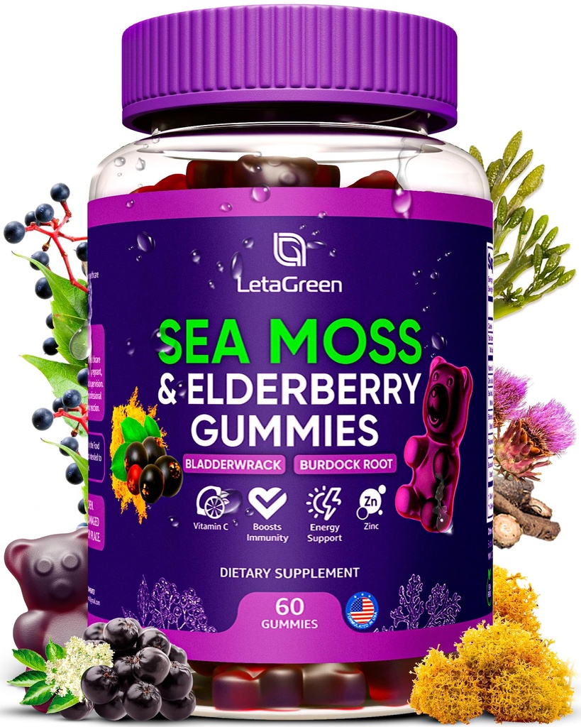 Irish Sea Moss Gummies – Bladderwrack Burdock Root Elderberry Vitamin C & Zinc – 60 Vegan Seamoss Gummy Bears for Adults Kids Men Women – Multimineral Elderberry Vitamins