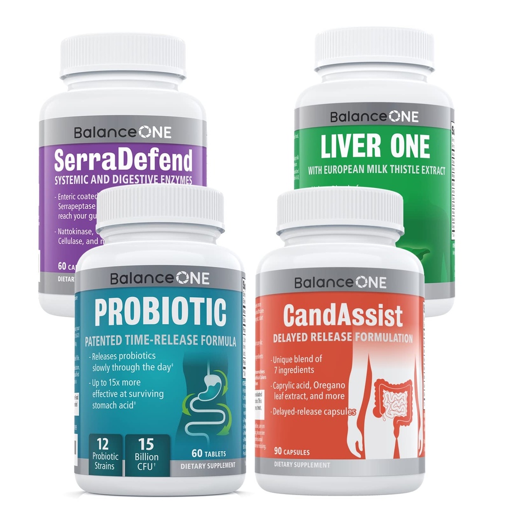Balance ONE 4-in-1 Bundle | Probiotic, CandAssist, Liver One, SerraDefend | 15 Billion Probiotic | Natural Cleanse with Caprylic Acid | Liver Support with Milk Thistle | Systemic Enzyme Blend