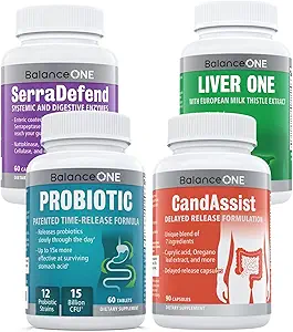 Balance ONE 4-in-1 Bundle | Probiotic, CandAssist, Liver One, SerraDefend | 15 Billion Probiotic | Natural Cleanse with Caprylic Acid | Liver Support with Milk Thistle | Systemic Enzyme Blend