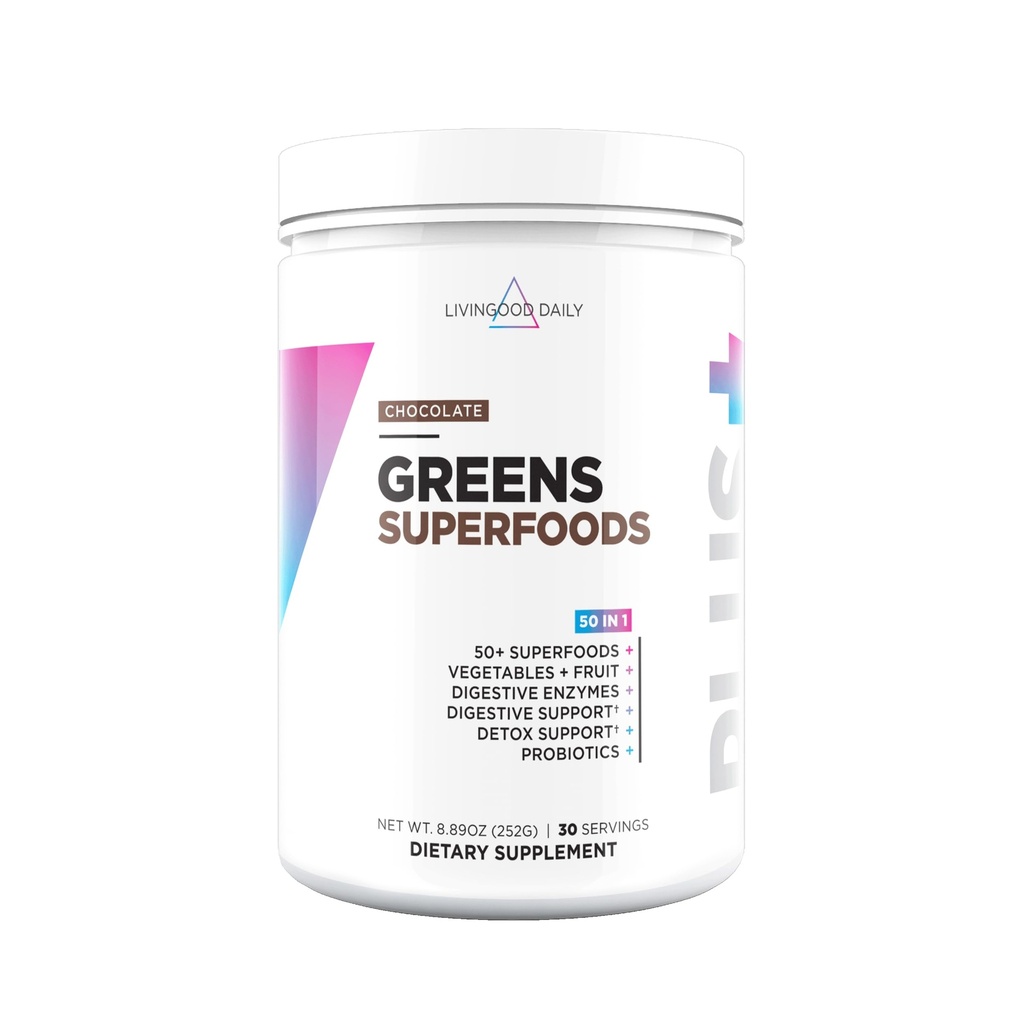 Livingood Daily 50+ Greens Superfood Powder, Chocolate, 30 Servings | Super Greens Blend, Green Juice Powder, Spirulina, Chlorella, Digestive Enzymes, Probiotics, Vegan, No Artificial Fillers
