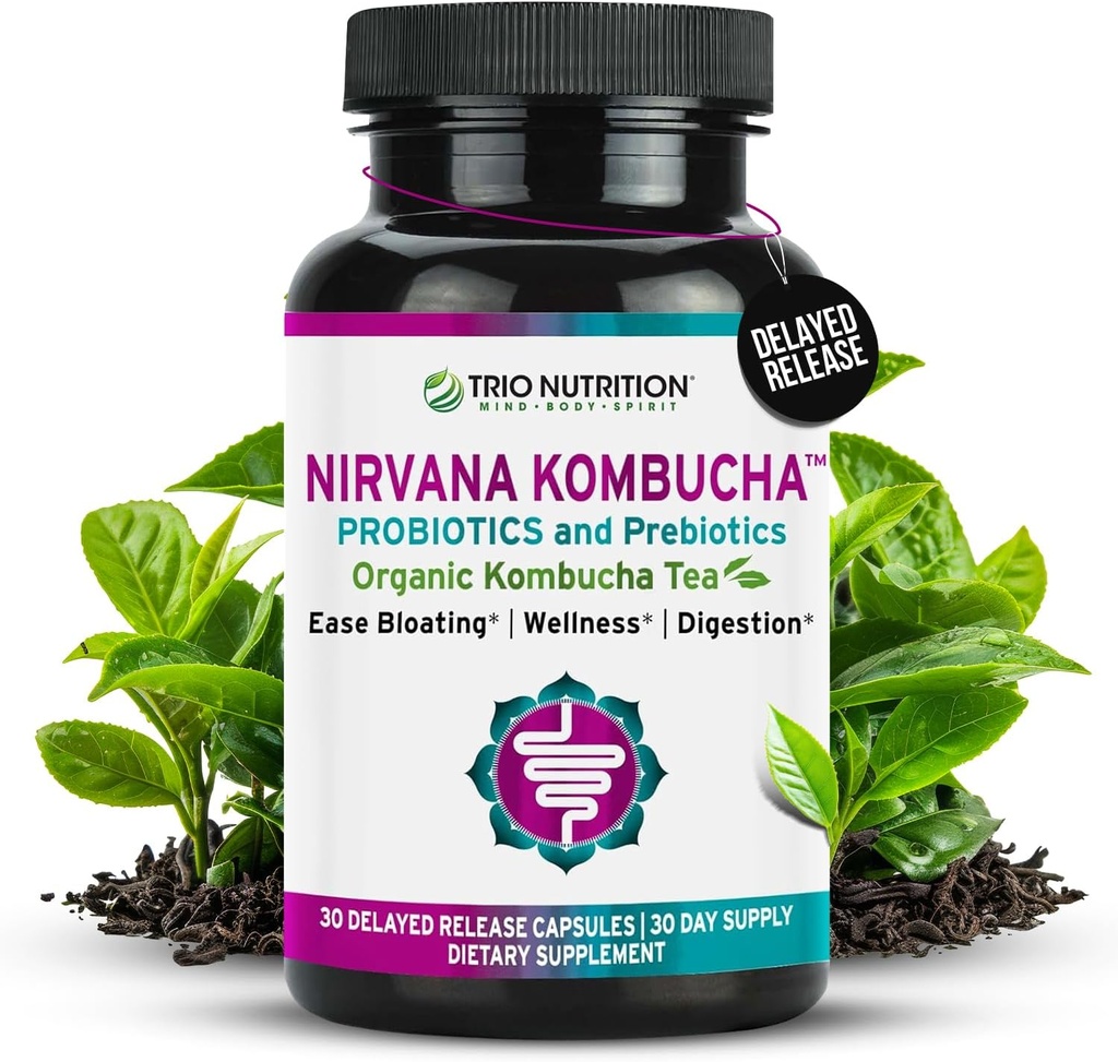 TRIO NUTRITION Nirvana Kombucha - Multi-Strain Probiotics & Prebiotic Blend with Organic Tea - Delayed-Release Capsules for Digestive & Immune Health - Bloating Relief - Natural pH Balance
