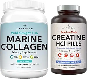 AMANDEAN Premium Creatine HCl & Marine Collagen Bundle. USA-Made CON-CRET. 7X Concentrated. Wild-Caught Hydrolyzed Fish Collagen Protein. Anti-Aging. Support Recovery & Lean Muscle. Healthy Skin