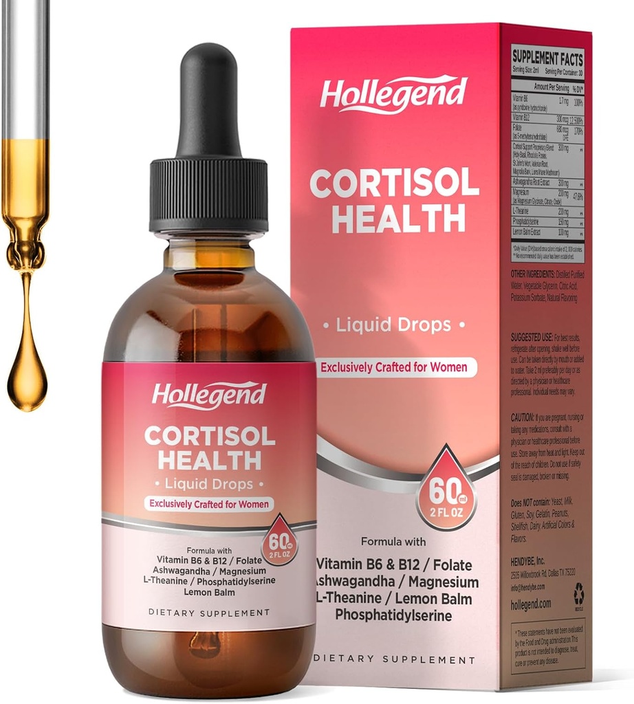 Cortisol Συμπληρώματα για γυναίκες, Cortisol Wellness Liquid Drops, 16 σε 1 Cortisol Detox Reducer w. Ashwagandha, Μαγνήσιο, L-Θεανίνη, Folate for Relaxation & Hormone Balance, Φράουλα