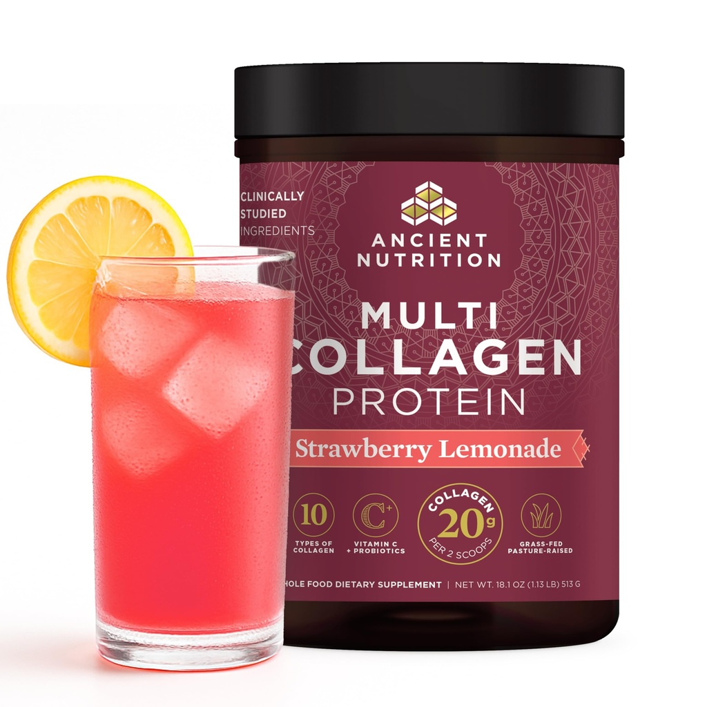 Ancient Nutrition Hydrolyzed Collagen Peptides Σκόνη με Προβιοτικά, Φράουλα Λεμονάδα Multi Collagen Πρωτεΐνη για γυναίκες και άνδρες με βιταμίνη C, 45 σέρβις, Υποστηρίζει το δέρμα και τα νύχια, Gut Health, 18