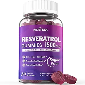 Resveratrol συμπλήρωμα 1500mg - Resveratrol Gummies υποστηρίζει NAD+, NMN & NMNH Συνεργία, με Quercetin, Σπόροι σταφυλιού, Acai μούρα εκχυλίσματα για Αντιοξειδωτικό, Υγιεινή γήρανση & μακροζωία, δέρμα, εγκέφαλος - 1Pcs