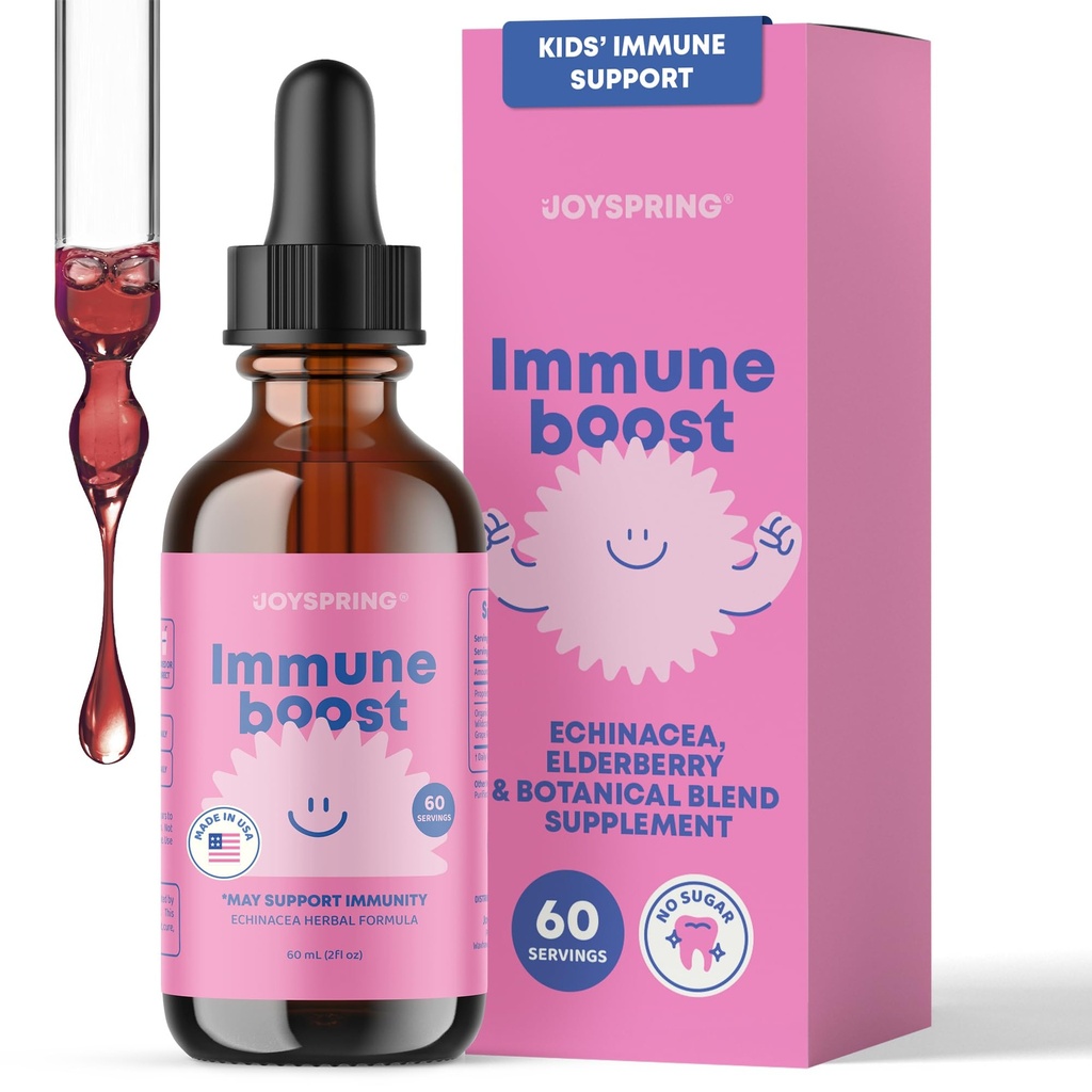 JoySpring Immune Drops - Kids Immune Support Liquid Supplement (2 fl oz) - Echinacea, Elderberry, Oregon Grape Root, Orange Peel, Vitamins A, B6, C - Φυσικό Σύστημα Υποστήριξης για Παιδιά & Ενήλικες