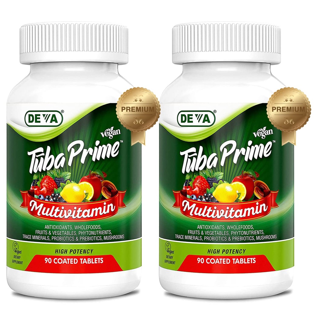 DEVA Tuba Prime Vegan Πολυβιταμίνη Υψηλής περιεκτικότητας Βιταμίνη και Ορυκτά Συμπλήρωμα διατροφής Αντιοξειδωτικά, Φρούτα και Φυτικά Μείγμα, Super Μανιτάρια, Προβιοτικά, Πρεβιοτικά, Σπόροι, Βότανα - 90 Tabs, 2-Pack