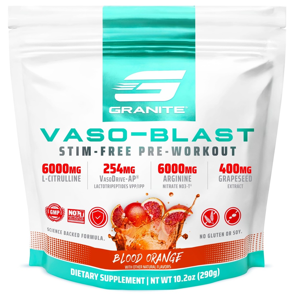 Διατροφή Γρανίτη Vaso Blast Stim-Free Προ προπόνηση - μη-Stim υποστήριξη οξειδίου του αζώτου για αντλία, Physique, και μυϊκή ικανότητα - Πορτοκάλι αίματος (290g)