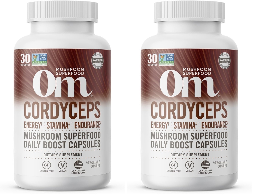 Om Mushroom Superfood Cordyceps Mushroom Capsules Superfood Supplement, 90 Count, 30 Days, Energy, Power, Stamina and Endurance Support, Superfood Supplement for Sports Performance (Pack of 2)