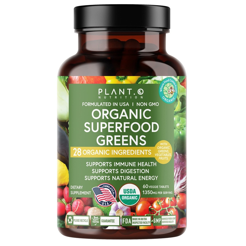 Plant.O Organic Super Greens [Fruit & Veggie Supplement] High Absorption Antioxidants from Green Powder with Alfalfa, Beet Root, Tart Cherry for Immune Support, Gut Health, Energy, 60 Veggie Tablets