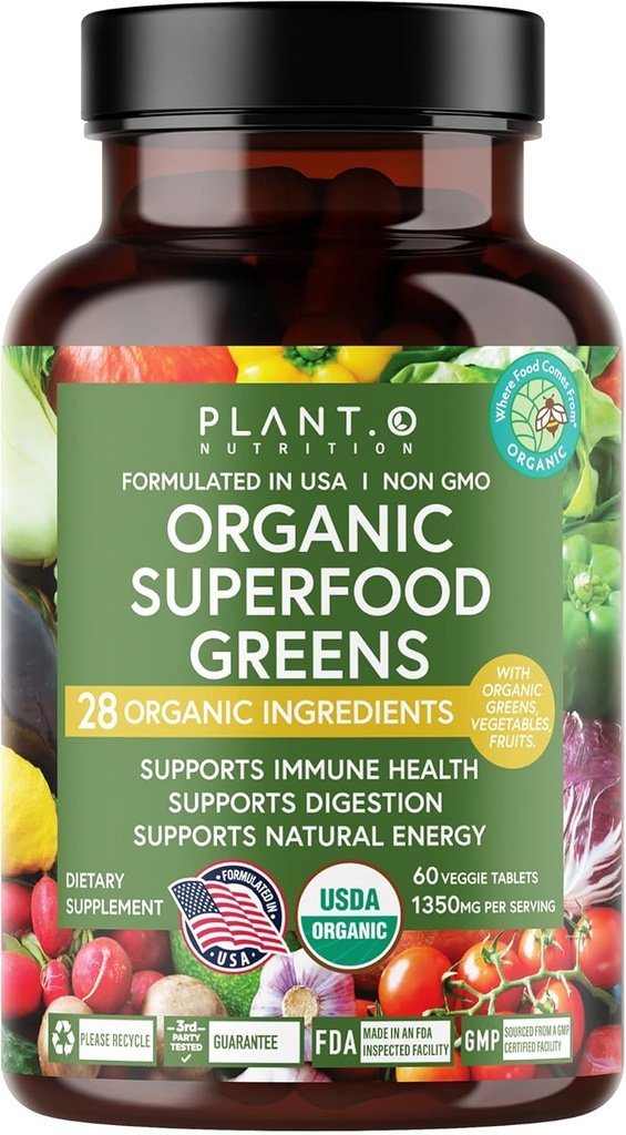 Plant.O Organic Super Greens [Fruit & Veggie Supplement] High Absorption Antioxidants from Green Powder with Alfalfa, Beet Root, Tart Cherry for Immune Support, Gut Health, Energy, 60 Veggie Tablets