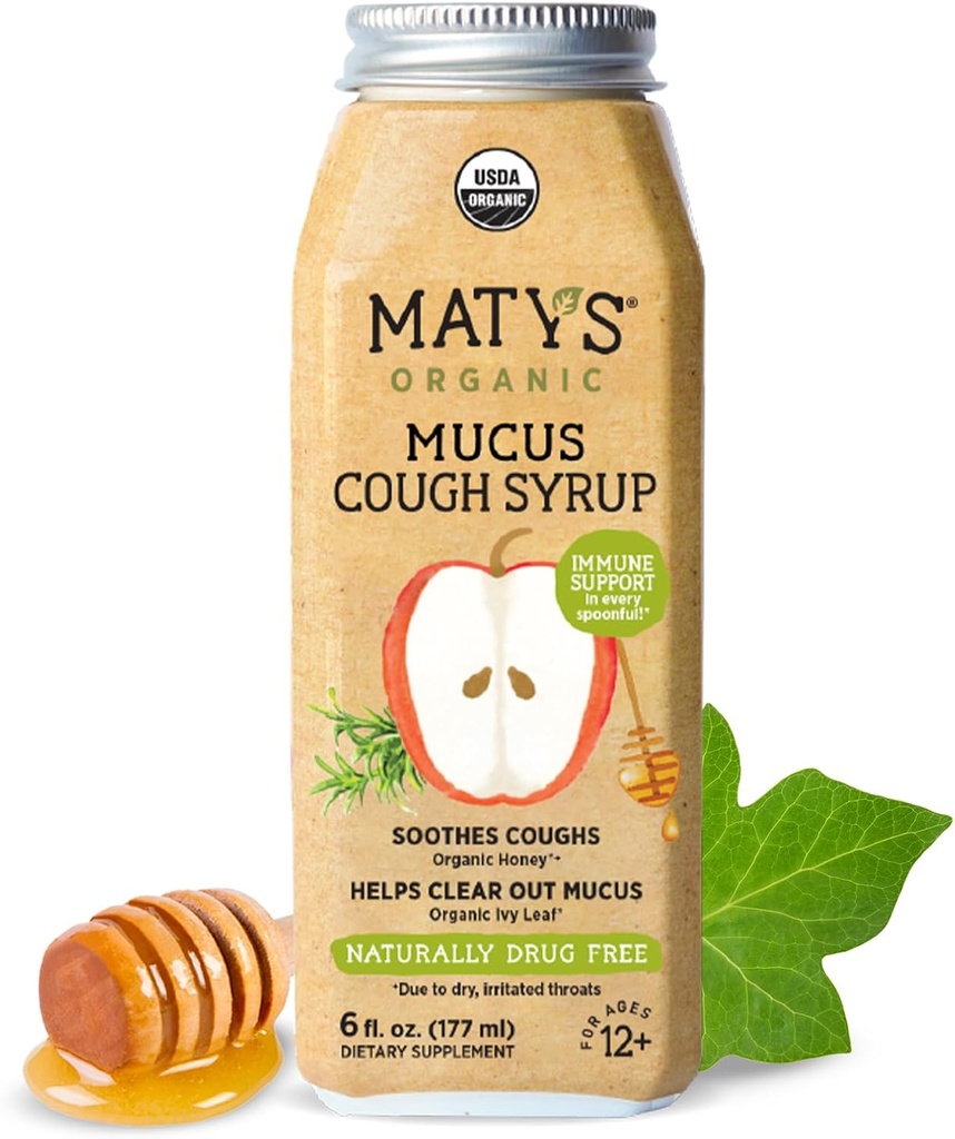 Matys Adult Mucus Σιρόπι για Ενήλικες & Παιδιά 12 Χρόνια & Πάνω, Καταπραϋντικός κισσός ανακούφισης με οργανικά συστατικά & ψευδάργυρο, 6 Fl Oz