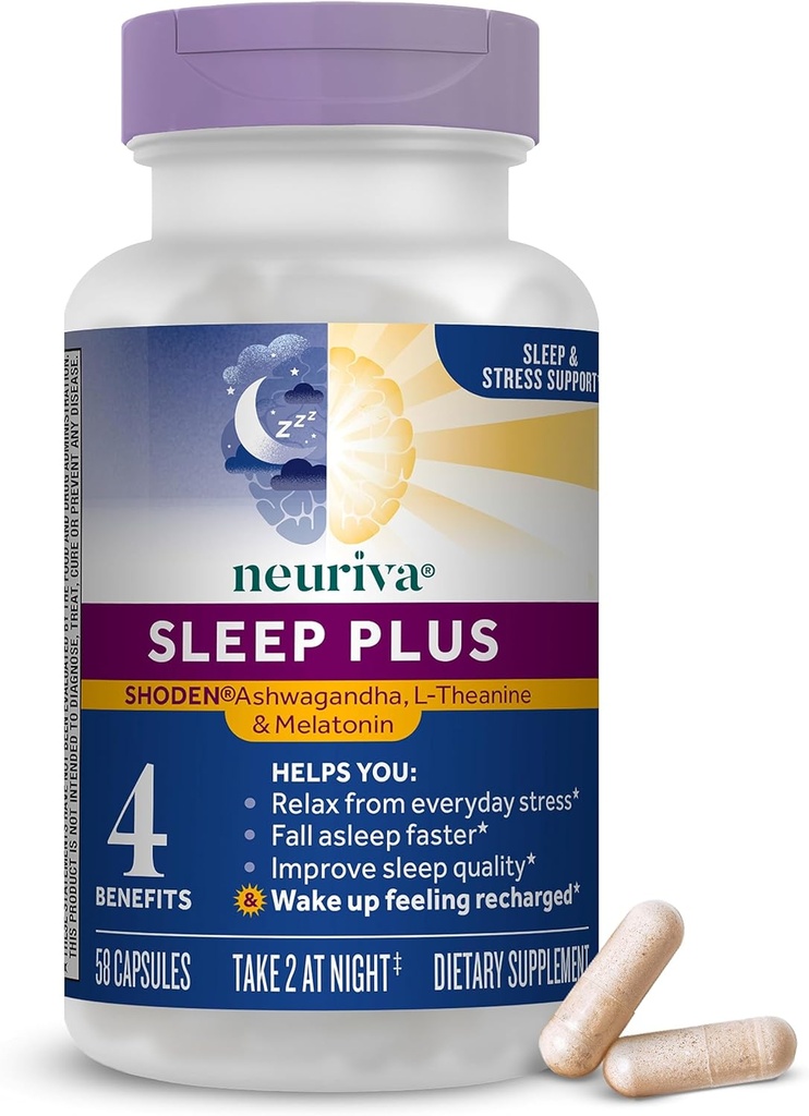 NEURIVA Sleep Plus με 4-σε-1 Οφέλη - Clinically Tested Ashwagandha, L-Θεανίνη & Μελατονίνη - Μειώστε το άγχος, πτώση ύπνου γρηγορότερη, Βελτίωση της ποιότητας του ύπνου, αφύπνιση Ανανεωμένη *, 58κτ κάψουλες