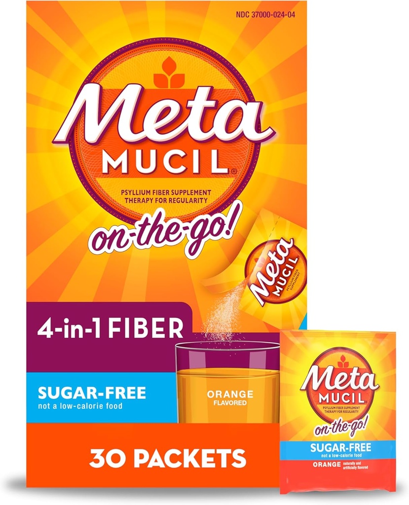 Metamucil On-The-Go, Psyllium Husk Fiber Supplement, 4-in-1 Fiber for Digestive Health, Sugar Free, Orange Flavor, 30 Count x 2 Packs (60 Count Total)