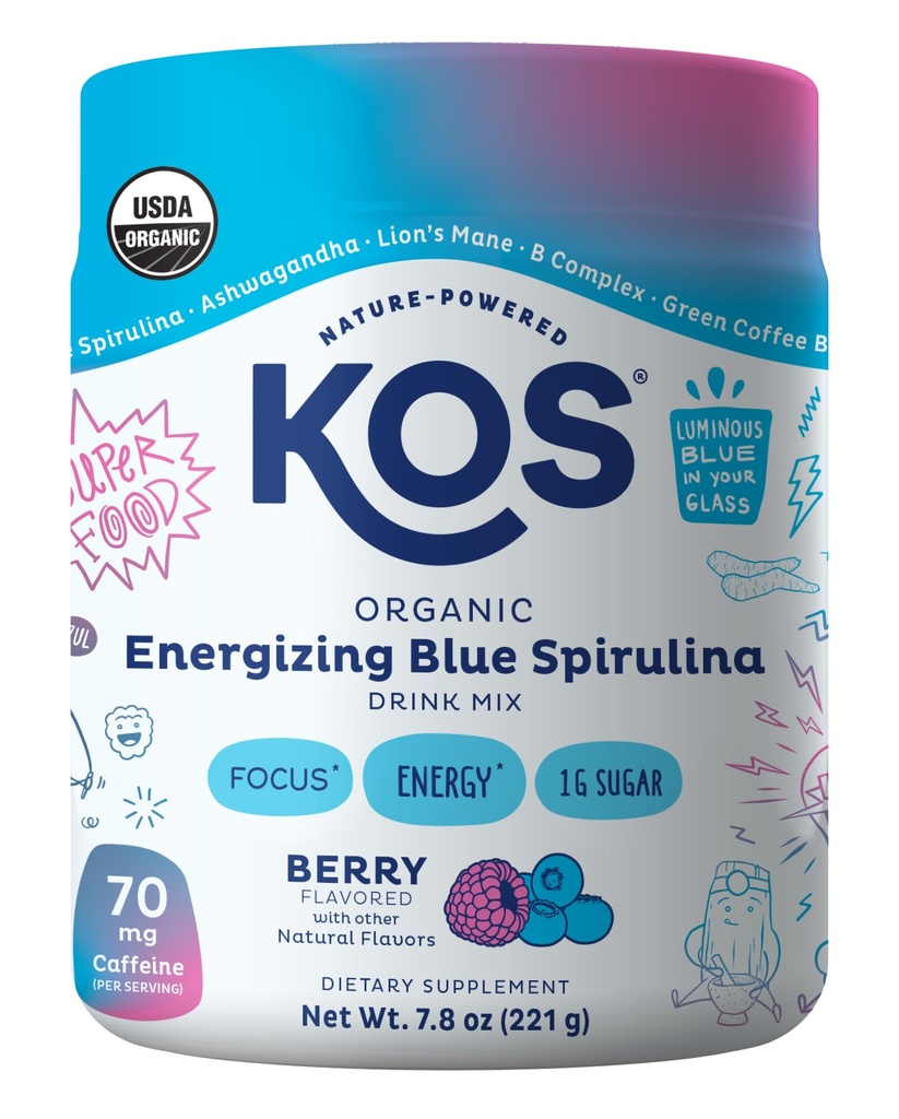 KOS Energizing Blue Spirulina Blend - USDA Certified Organic - Βιταμίνες Β, Ashwagandha, Ginseng, Adaptogens, Biotin - Vegan Pre Workout Powder - Caffeinated, Berry Flavored, 28 Υπηρεσίες