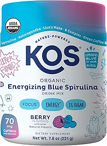 KOS Energizing Blue Spirulina Blend - USDA Certified Organic - Βιταμίνες Β, Ashwagandha, Ginseng, Adaptogens, Biotin - Vegan Pre Workout Powder - Caffeinated, Berry Flavored, 28 Υπηρεσίες