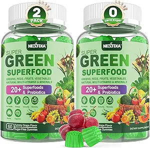 Super Greens Gummies, Greens Superfood Powder Alternative w/Spirulina, Chlorella, Prebiotic Fiber, Probiotic, Fruit Veggie, Καθημερινή Φρούτα Λαχανικά για Digestive & Gut Υγεία, Ανοσία, Εστίαση, 120 Cts
