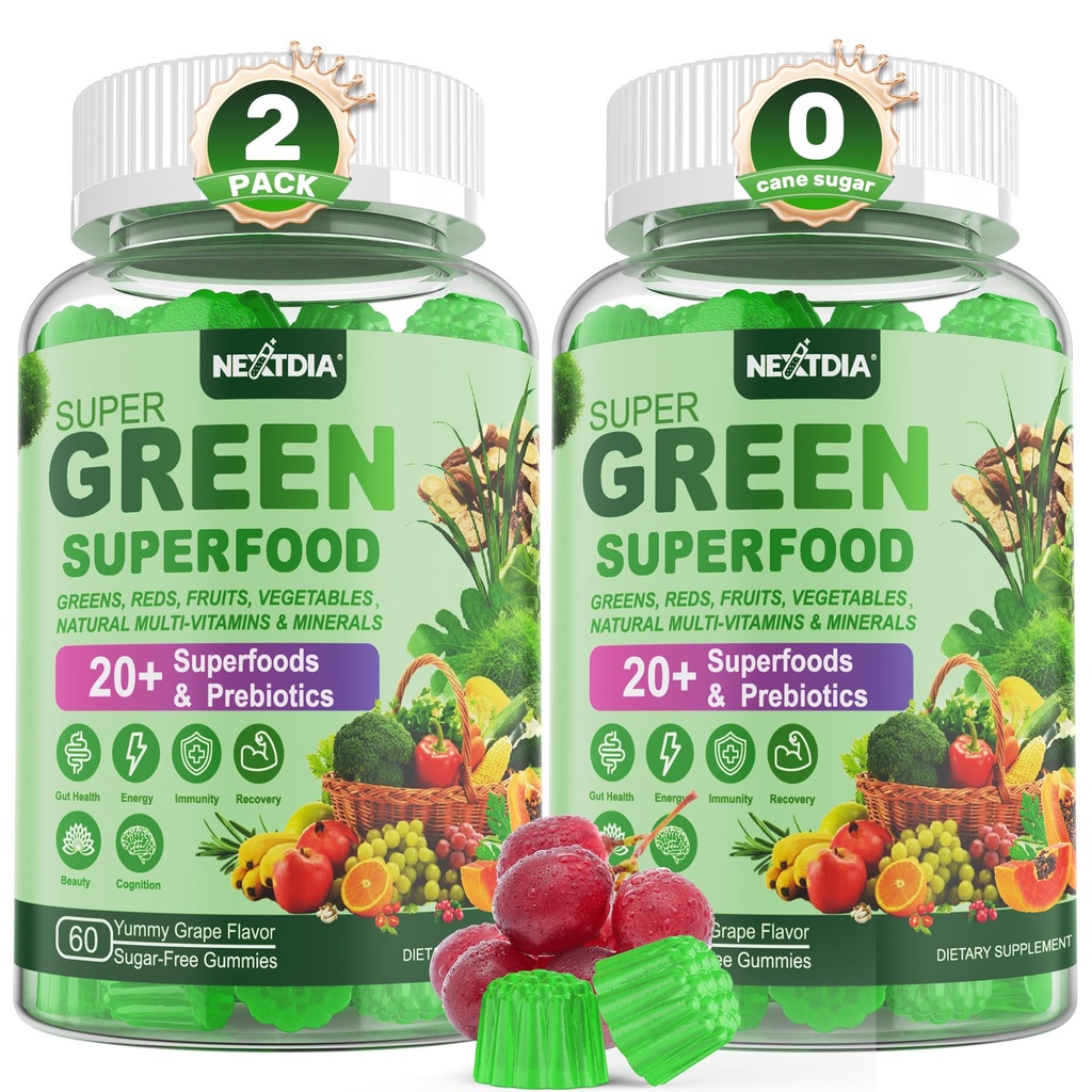 Super Greens Gummies, Greens Superfood Powder Alternative w/Spirulina, Chlorella, Prebiotic Fiber, Probiotic, Fruit Veggie, Καθημερινή Φρούτα Λαχανικά για Digestive & Gut Υγεία, Ανοσία, Εστίαση, 120 Cts