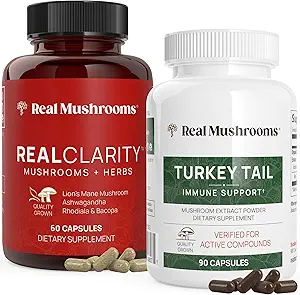 Real Mushrooms RealClarity (60ct) and Turkey Tail (90ct) Capsles Bundle - Συμπλήρωμα Μανιταριού για τη διανοητική σαφήνεια, εστίαση & ανοσοποίηση Υποστήριξη - Vegan, μη ΓΤΟ, Επαληθευμένα Επίπεδα Βήτα-Γλουκάνων