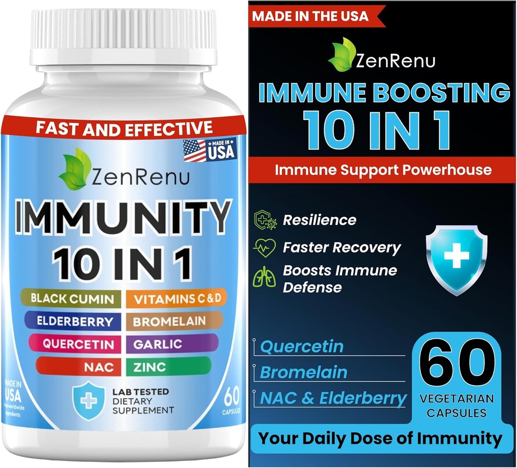Zenrenu Immune Boosting for Adults - 10 in 1 Συμπλήρωμα Υποστήριξης Ανοσίας με Quercetin, Bromelain, NAC, Elderberry, Vitamin C & D3 για Ανοσολογική Άμυνα & Αντιοξειδωτικό - Εύκολα Απορροφώνται Κάψουλες