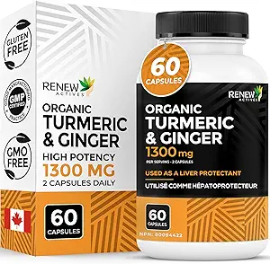 Renew Actives Turmeric Curcumin 1000MG & 200MG Ginger ανά 2 κάψουλες - ισχυρό αντιοξειδωτικό με Bioperine & Black Pepper Blend για Digestive & Liver Health - Made in Canada - 60 Κάψουλες