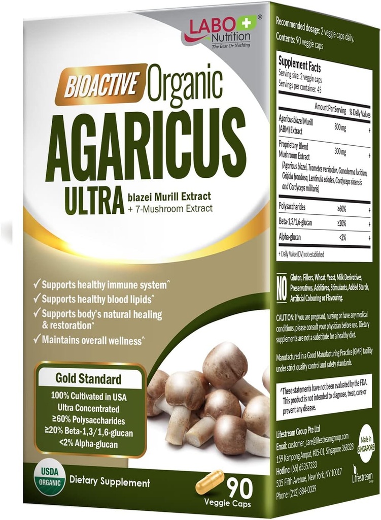LABO Nutrition Bioactive Organic Agaricus Ultra - 7 Mushroom Extract Supplement Agaricus jayi Murill Cordyceps, Maitake, Turkey Tail, Lingzhi, Shiitake for Advanced Immune Support, USDA Organic