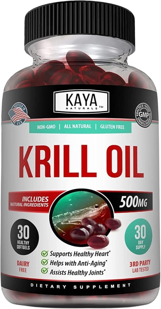 Kaya Naturals - Ανταρκτική Krill Oil 500mg με Ωμέγα 3, EPA, DHA, φωσφολιπίδια & συμπλήρωμα ασταξανθίνης - Εγκέφαλος & Υγεία Βιταμίνη - Συμπλήρωμα κατά της γήρανσης - 30 Count Softgels
