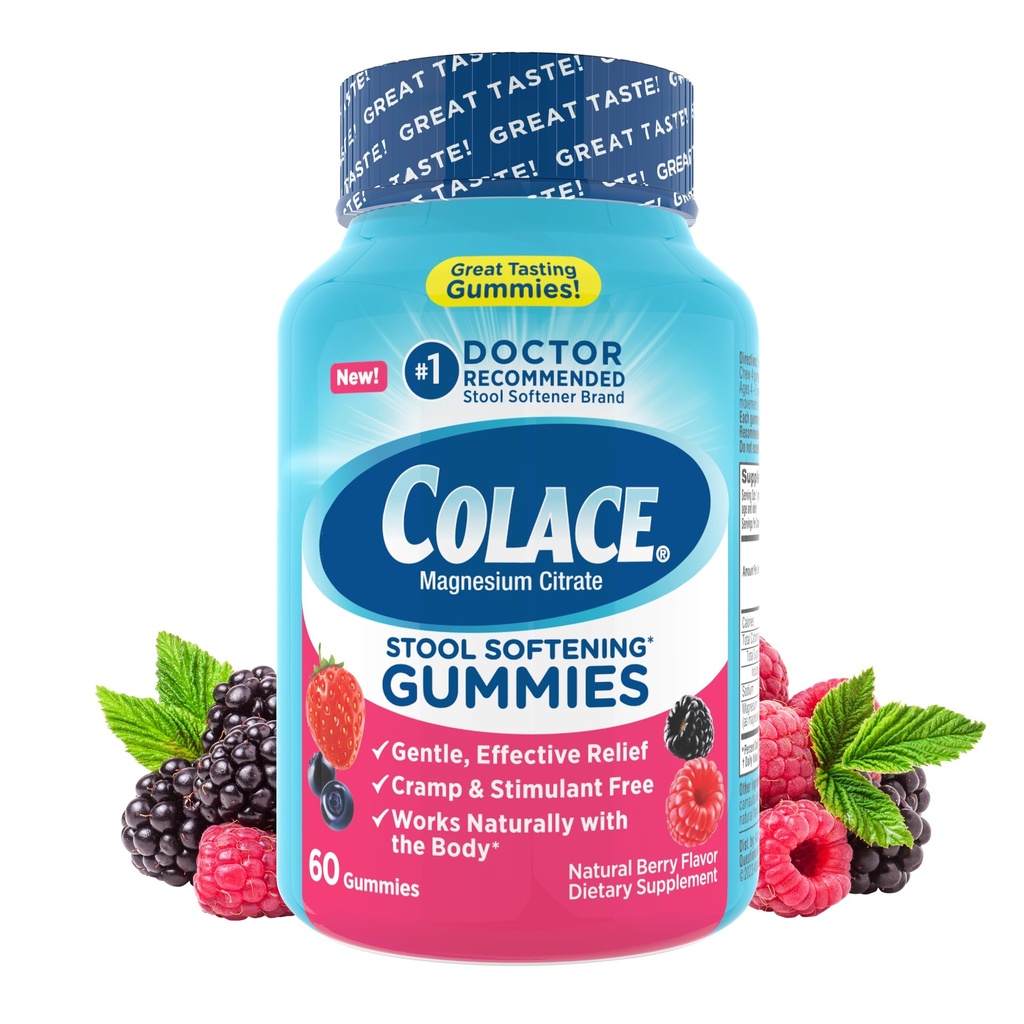 Colace Stool Αποσκληρυντής Gummies, Απαλή αξιόπιστη δυσκοιλιότητα Ανακούφιση Μαγνήσιο Κιτρικό Gummies, No.1 Γιατρός συνιστάται Αποσκληρυντής Stool Brand, Berry Γεύση 60ct