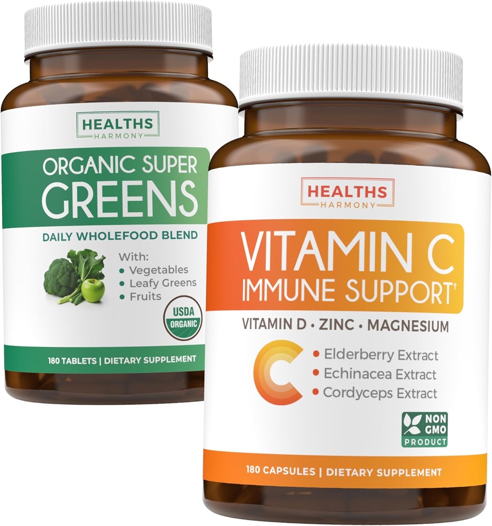Super Greens & Vitamin C (3-Month Supply) Vitamin Greens Bundle of Organic Super Greends Powder - Complete Superfood (180 Κάψουλες) & Vitamin C Immune Support (180 κάψουλες χορτοφάγων)