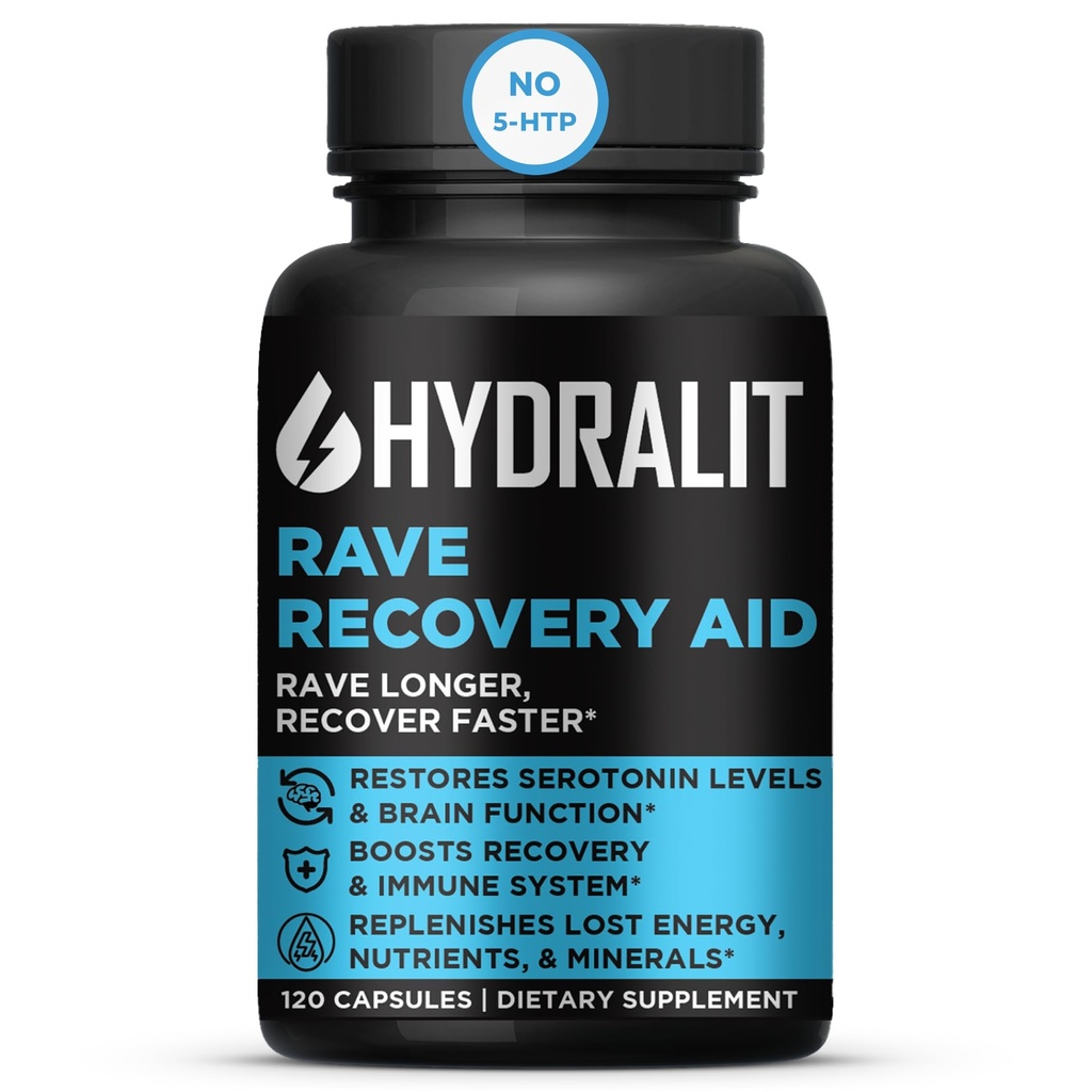 Rave Recovery Aid Vitamins After Party Relief Pills Music Festival Accessories Rave Essential No 5-HTP Supplement Electrolytes Hydration Better Mornings Serotonin Energy Hangover 120 Capsules