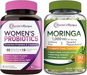 Doctor's Recipes Γυναικεία Προβιοτικά & Βιολογικά Moringa Bundle, GI και Γυναικεία Υγεία, Φυσική Αντιοξειδωτική Υποστήριξη, Όχι Γλουτένη, Pro (60 κάψουλες) & Moringa (90 κάψουλες)