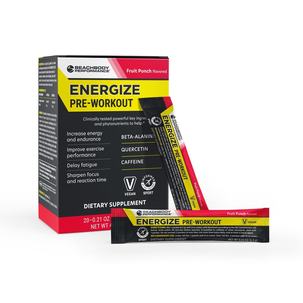 BODi Energyze Pre Workout Powder - Beta-Alanine, Quercetin & Low-Dose Caffeine Formula για την ενισχυμένη ενέργεια & εστίαση, αύξηση της ενέργειας & συμπλήρωμα αντοχής, Punch φρούτων, 20 ραβδιά