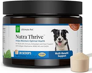 Ultimate Pet Nutrition Nutra Thrive Canine, 40-in-1 Nutritional Powder Supplement for Dogs with Digestion and Immune Support, Vitamins, Minerals, Probiotics, Enzymes, 30 Scoops